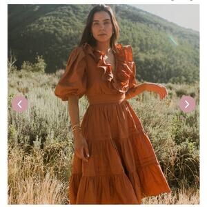 Ivy City Co Rust Orange Ruffle Midi Dress